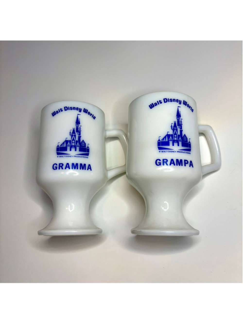 Set of 2 vintage Walt Disney World milk glass pedestal mugs